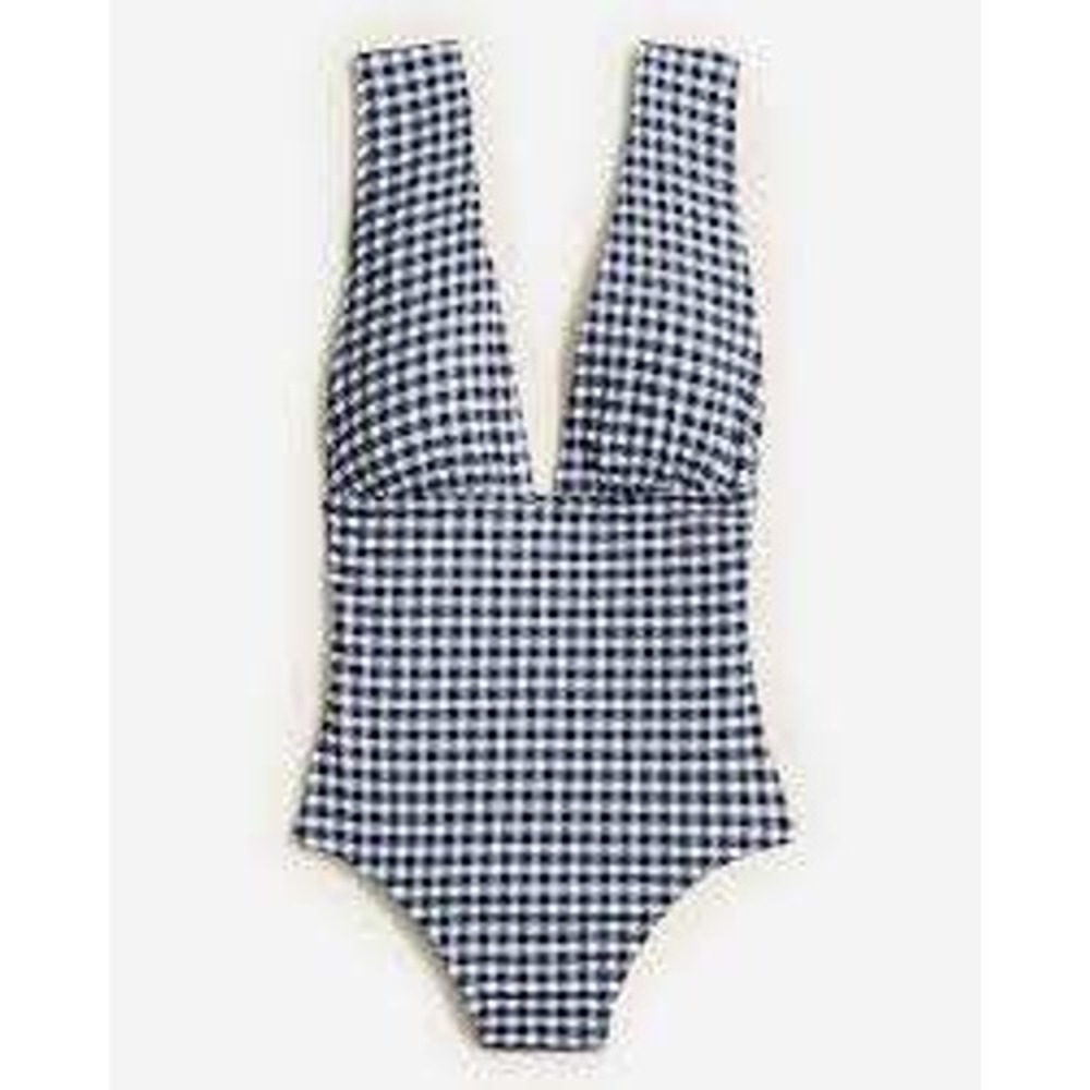 J.Crew Gingham V-Neck‎ One-Piece Swimsuit Blue White BF249 Womens 4